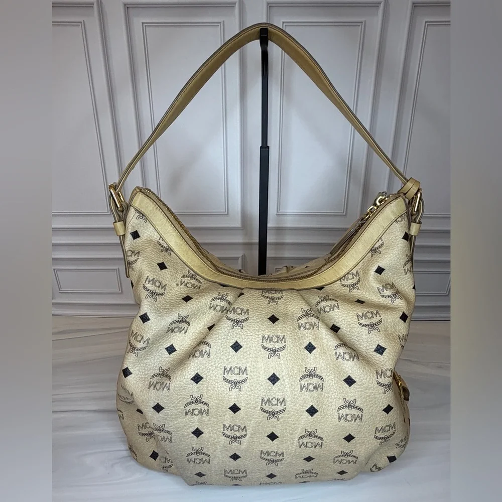 MCM Light Beige Visetos Leather Monogram Hobo Shoulder Bag | Lock & Key Included